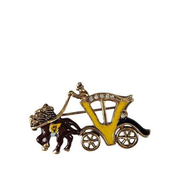 Unbranded Jewelry - Vintage Horse & Carriage Brooch Gold Tone Enamel Rhinestone Victorian Style Pin